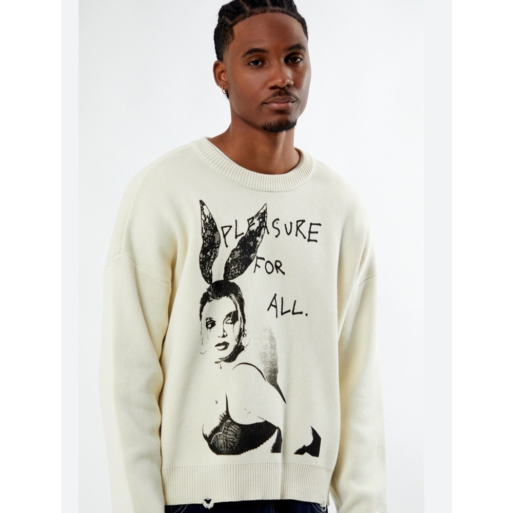Playboy‎ Sweater Cream Graphic Pleasure For All Distressed Knit Mens Size M